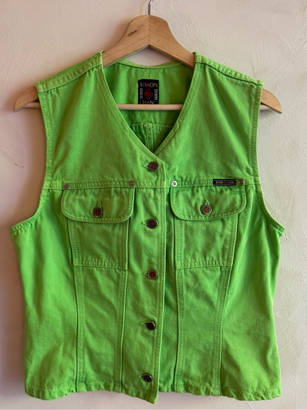 Simon Chang | Lime Green Denim Vest | Button Up |Y2K | 10